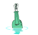 A message reading "mail" floating in a green bottle.